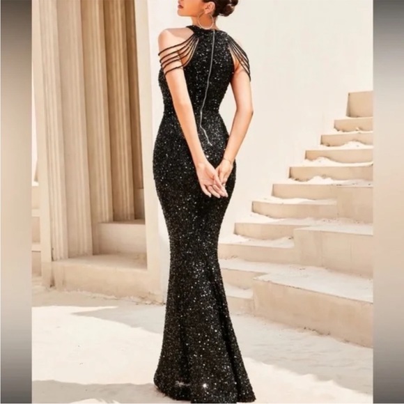 Luxe burgundy beaded halter party formal evening wedding sequins dress - Picture 16 of 16